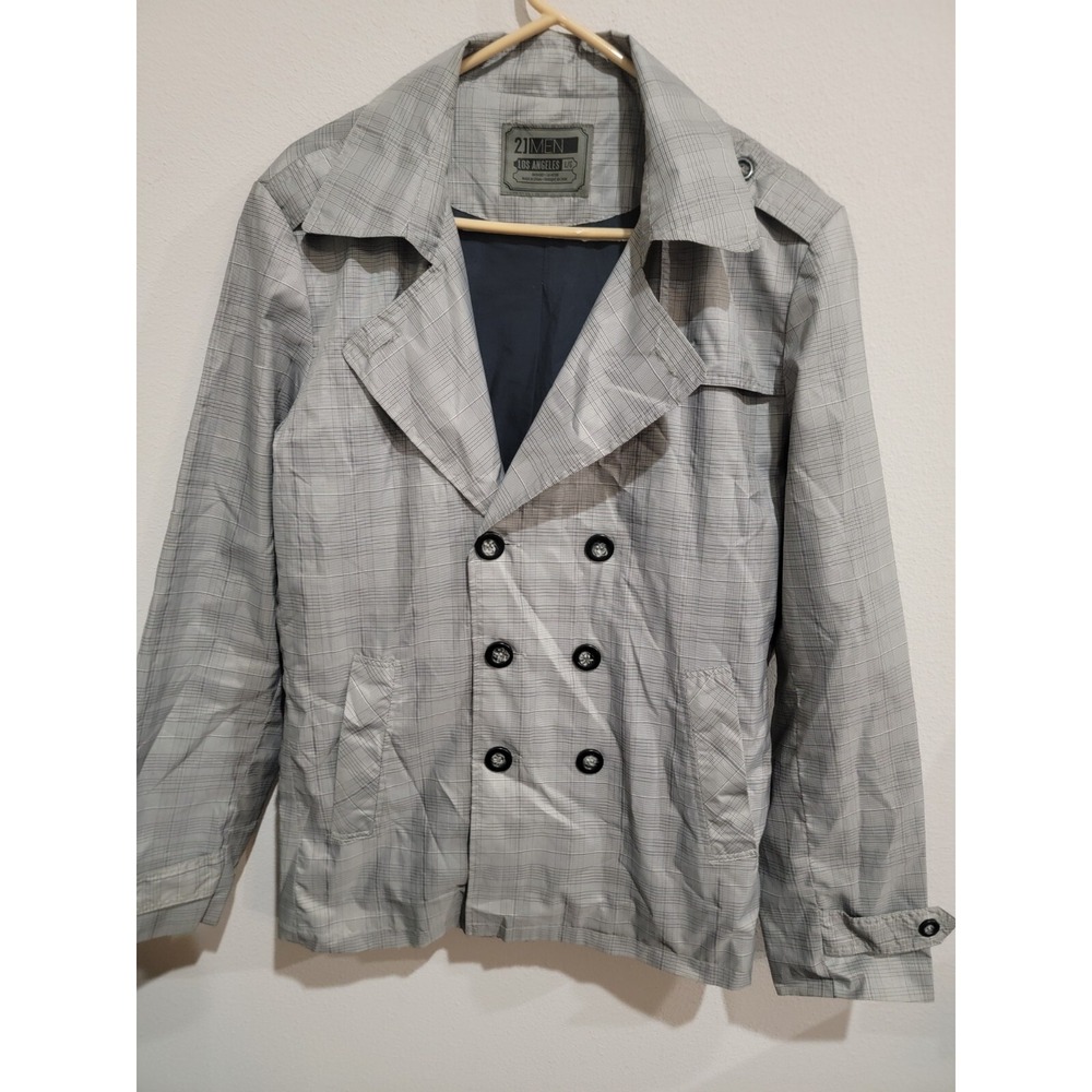 21 Men Los Angeles Gray & Black Pinstripe Plaid Double Button Down Jacket Size L